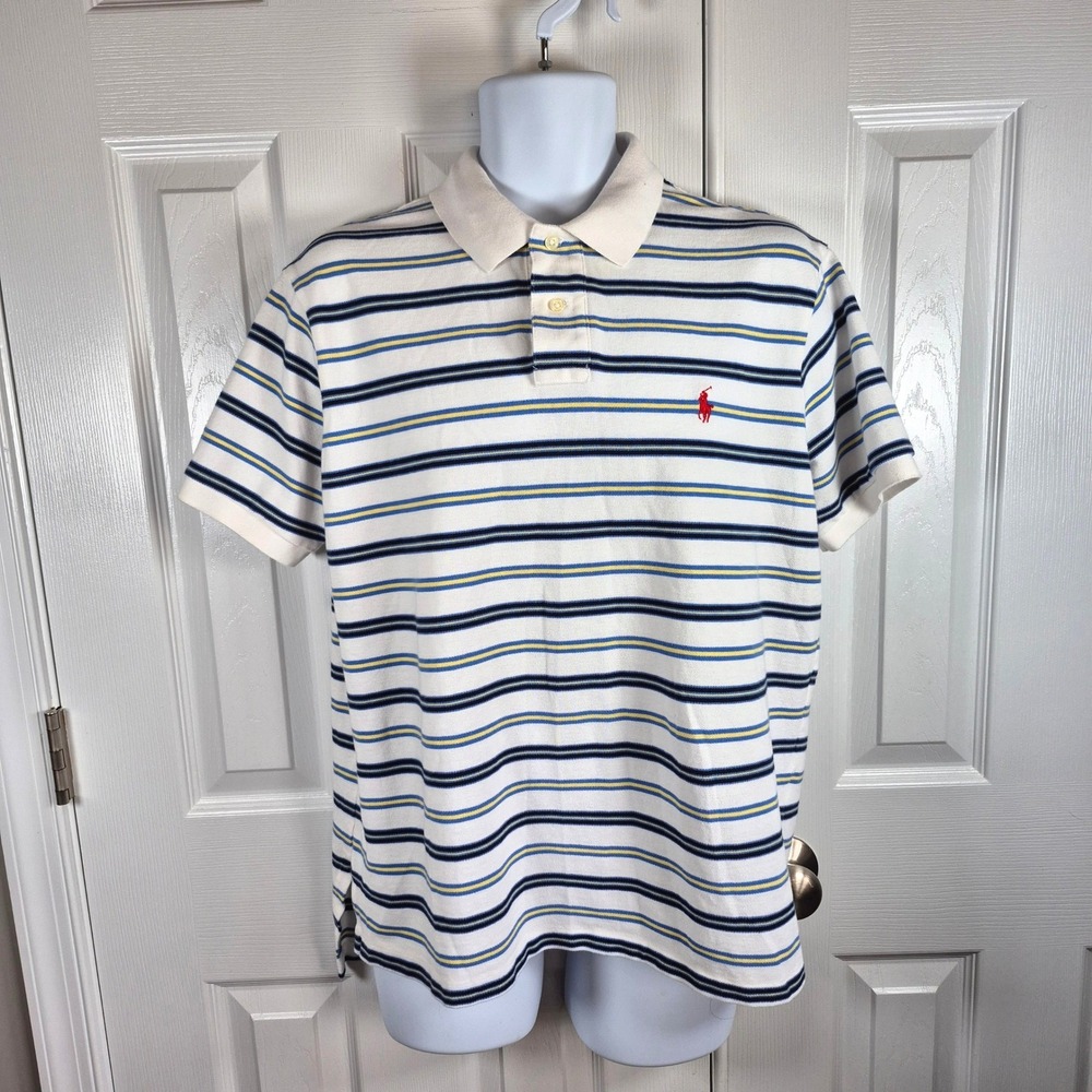 Polo Ralph Lauren Custom Fit striped polo shirt‎ white blue yellow mens XL
